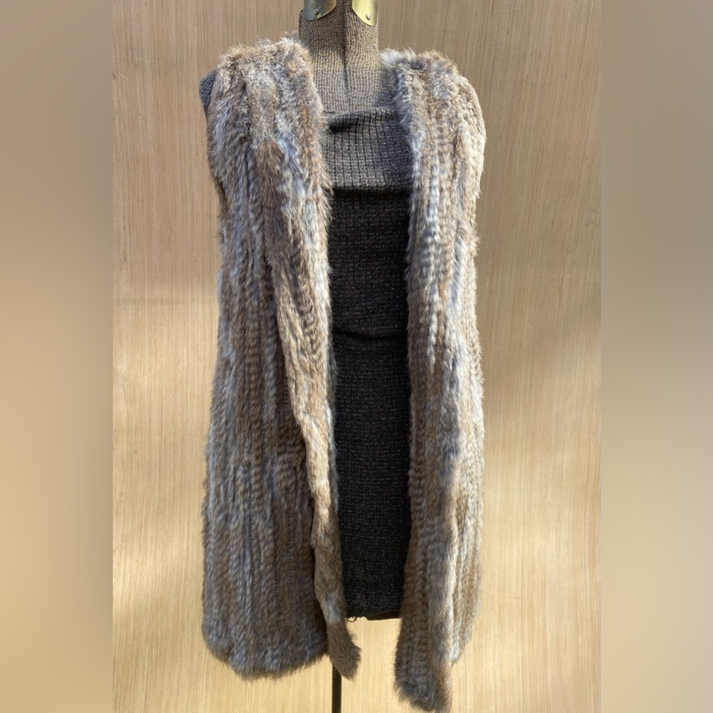 Rabbit Fur Hooded Long Vest Sz M